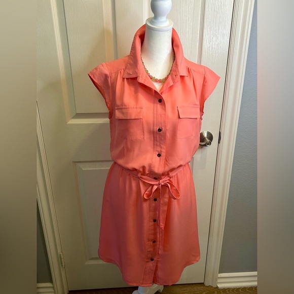 “Banana Republic” Coral Cap Sleeve Midi Shirt Dress w/Belt & Button Front Size 6 - Picture 3 of 13